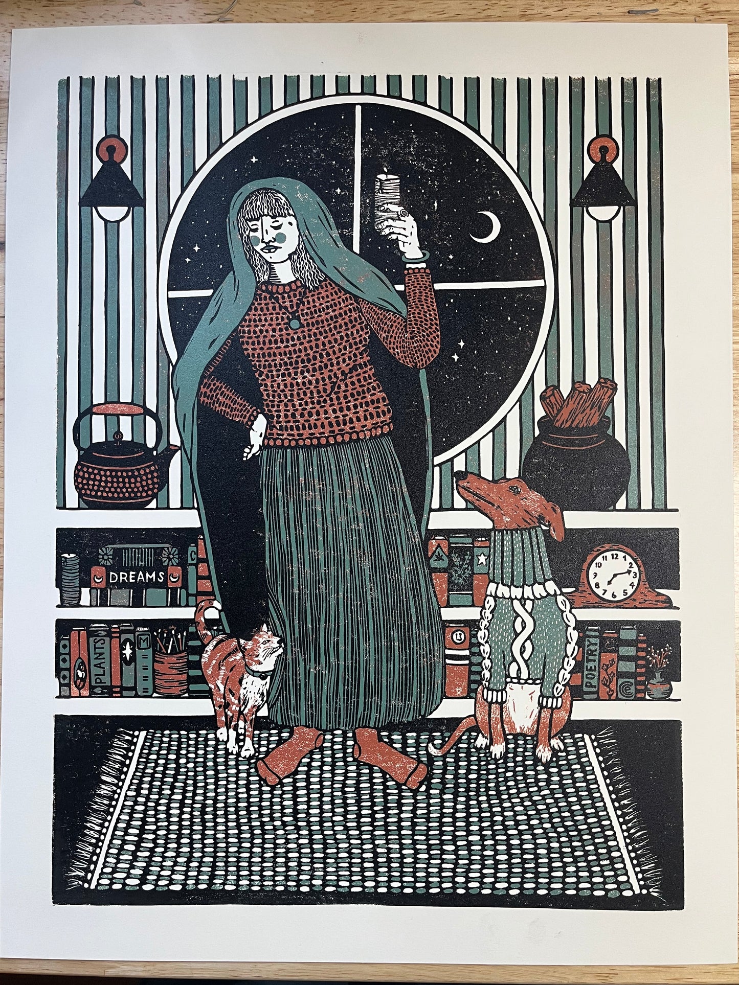 “across from embers, we unwind” - limited edition reduction linocut print