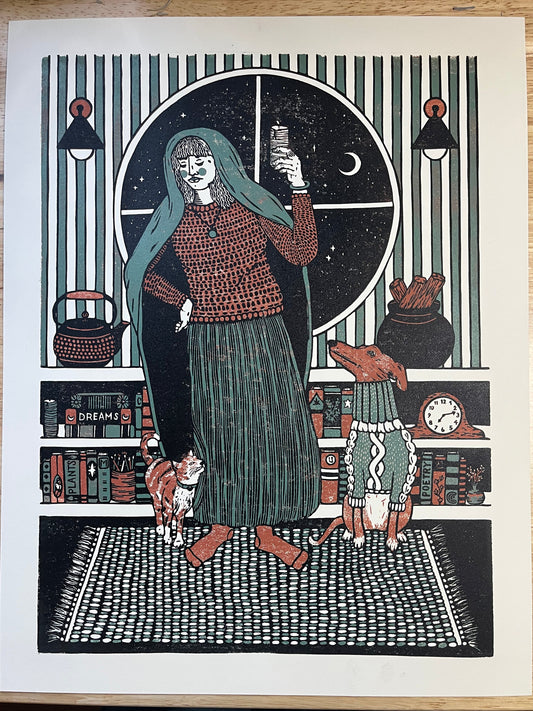 “across from embers, we unwind” - limited edition reduction linocut print