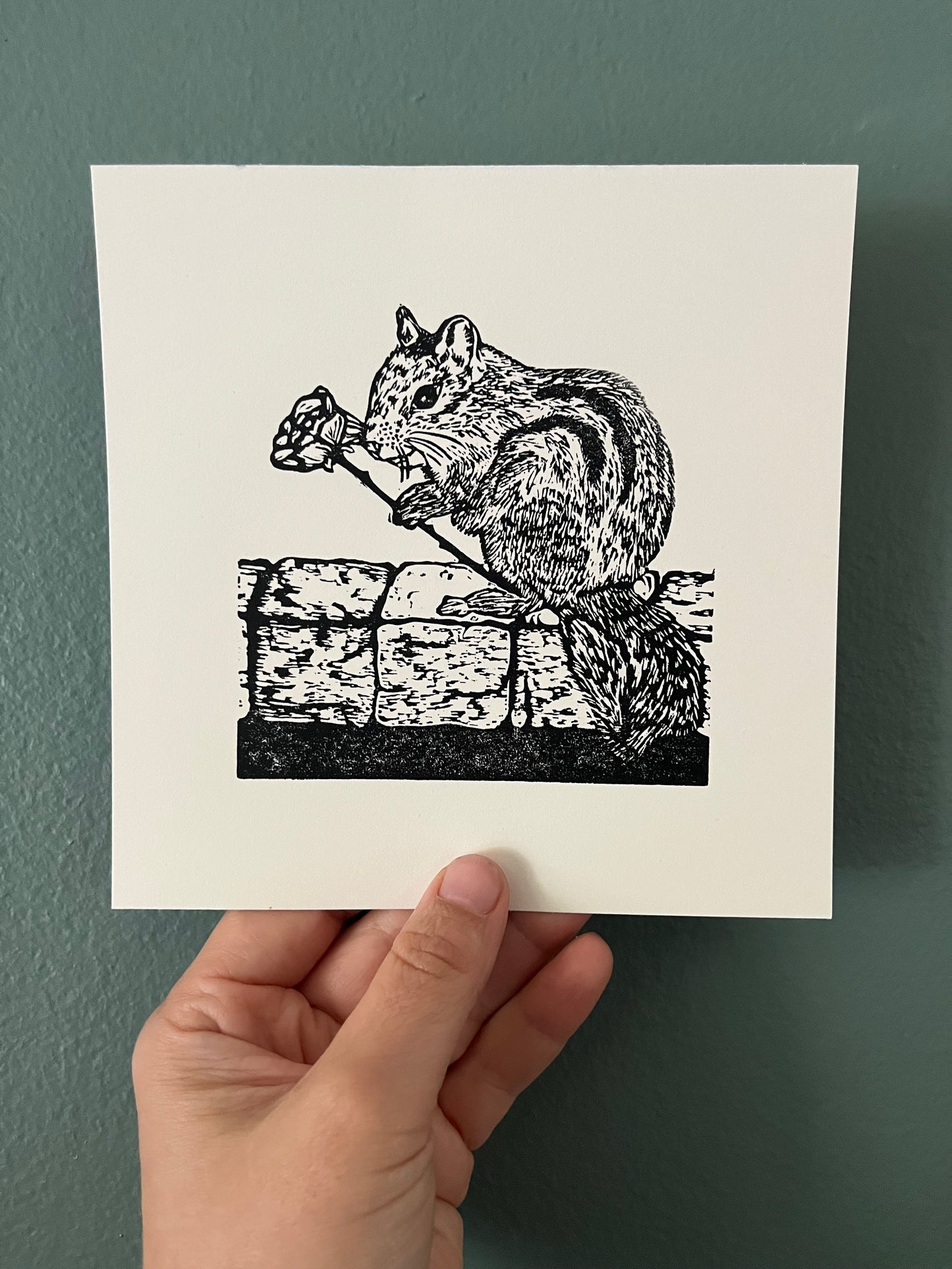 “Stay Romantic” Original Linoleum Block Print, Signed Edition - romantic chipmunk print, cozy art