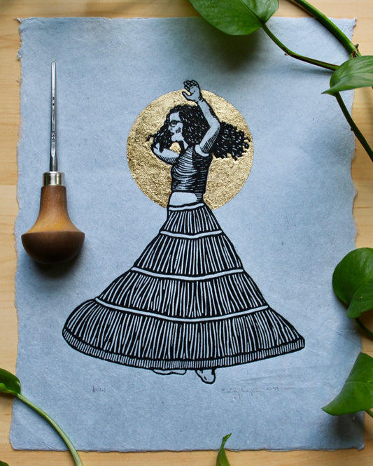 "Twirl" Linoleum Block Print with Gold Leaf - dancing themed art, gold leaf art, Emily Cooper Creations