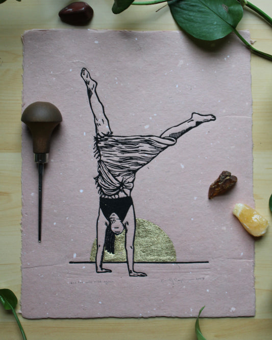 "The Sun Will Rise Again" Linoleum Block Print - gymnastics art, gold leaf art