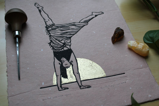 "The Sun Will Rise Again" Linoleum Block Print - gymnastics art, gold leaf art