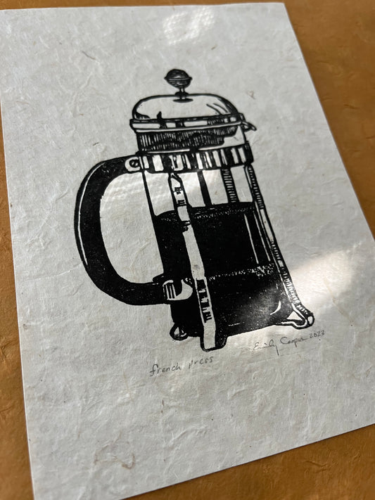 "French Press" Coffee Maker Linocut Print