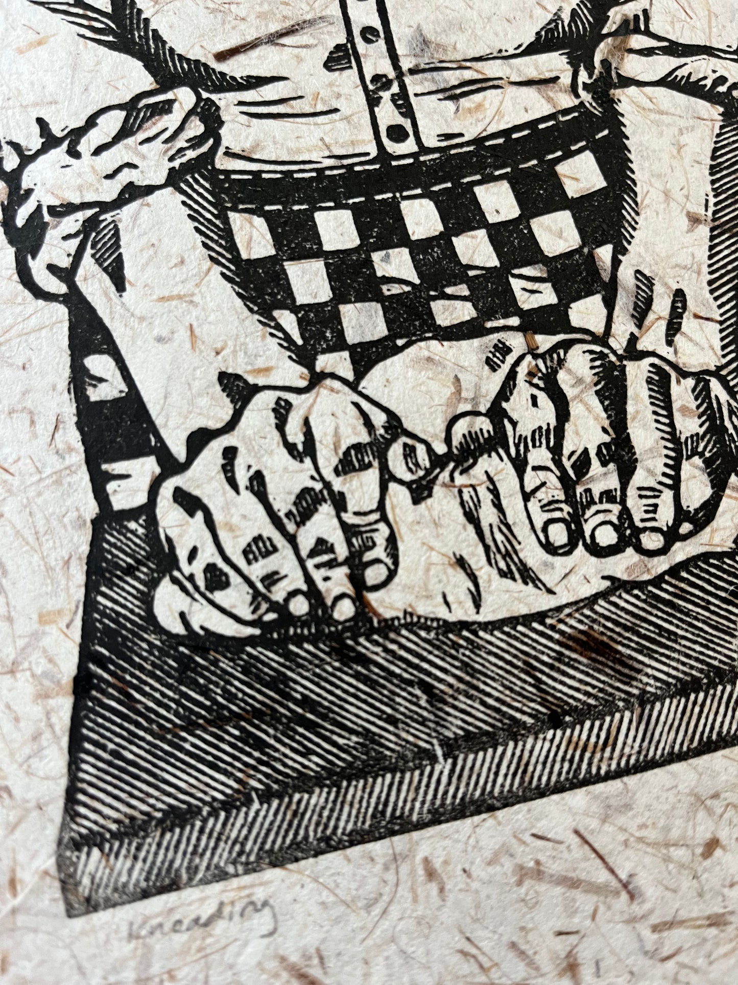 "Kneading" Original Linoleum Block Print