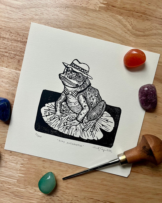 “Stay Authentic” original linoleum block print - signed edition - frog with hat linocut print