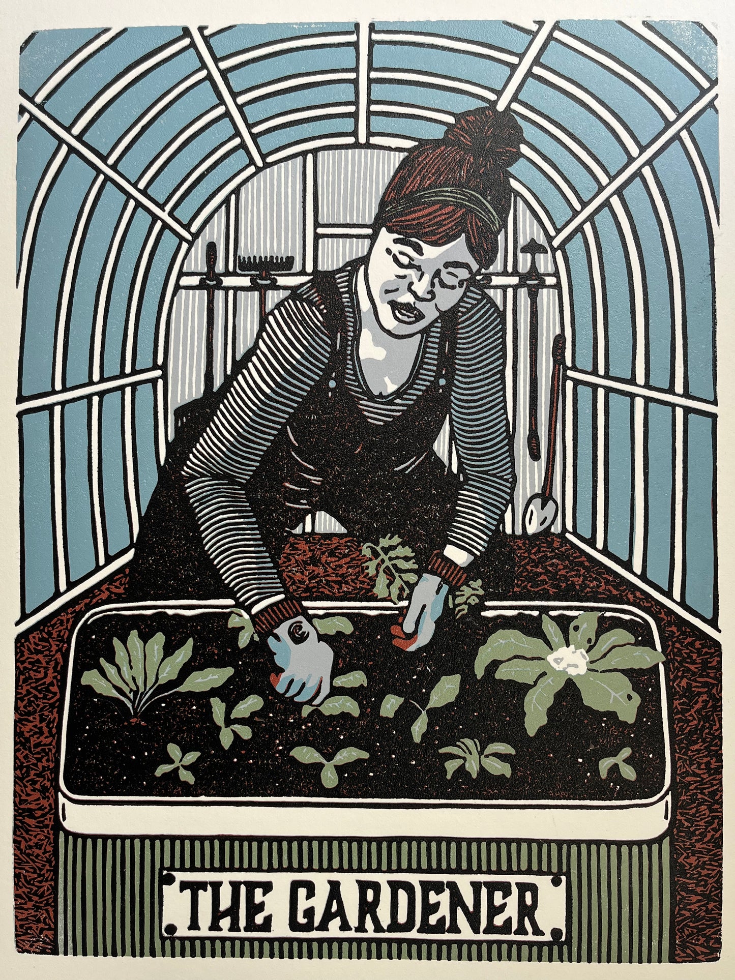 "The Gardener" Original Limited Edition Reduction Linoleum Block Print - Oracle Deck Series