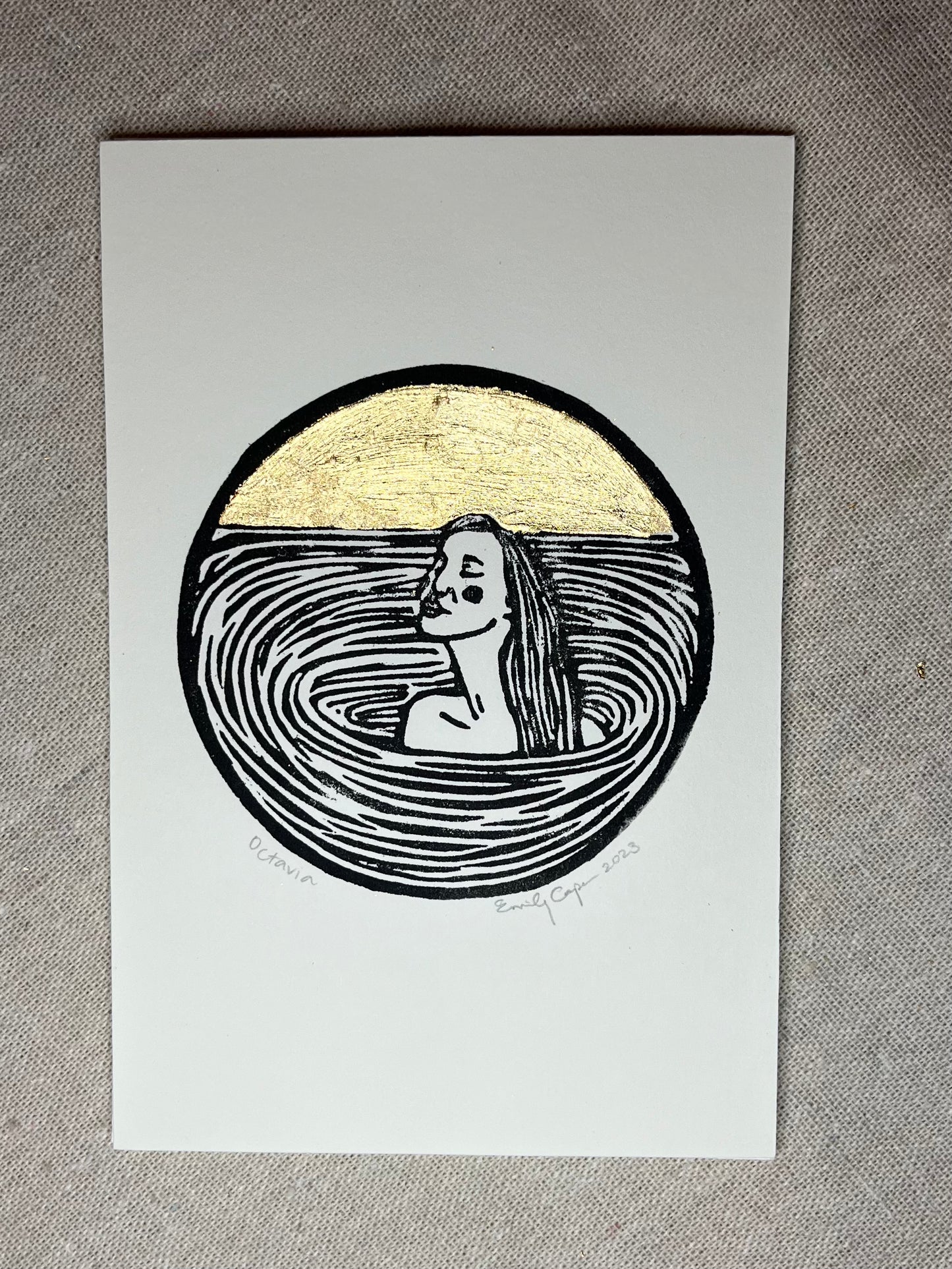 "Octavia" Individual Gold-Leafed 4"x6" Linoleum Block Print