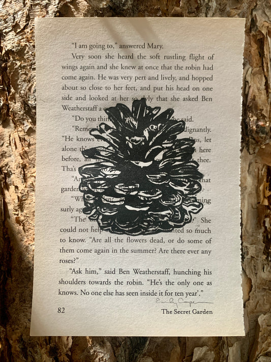 'Ponderosa Pinecone' Original Linoleum Block Print on Book Page