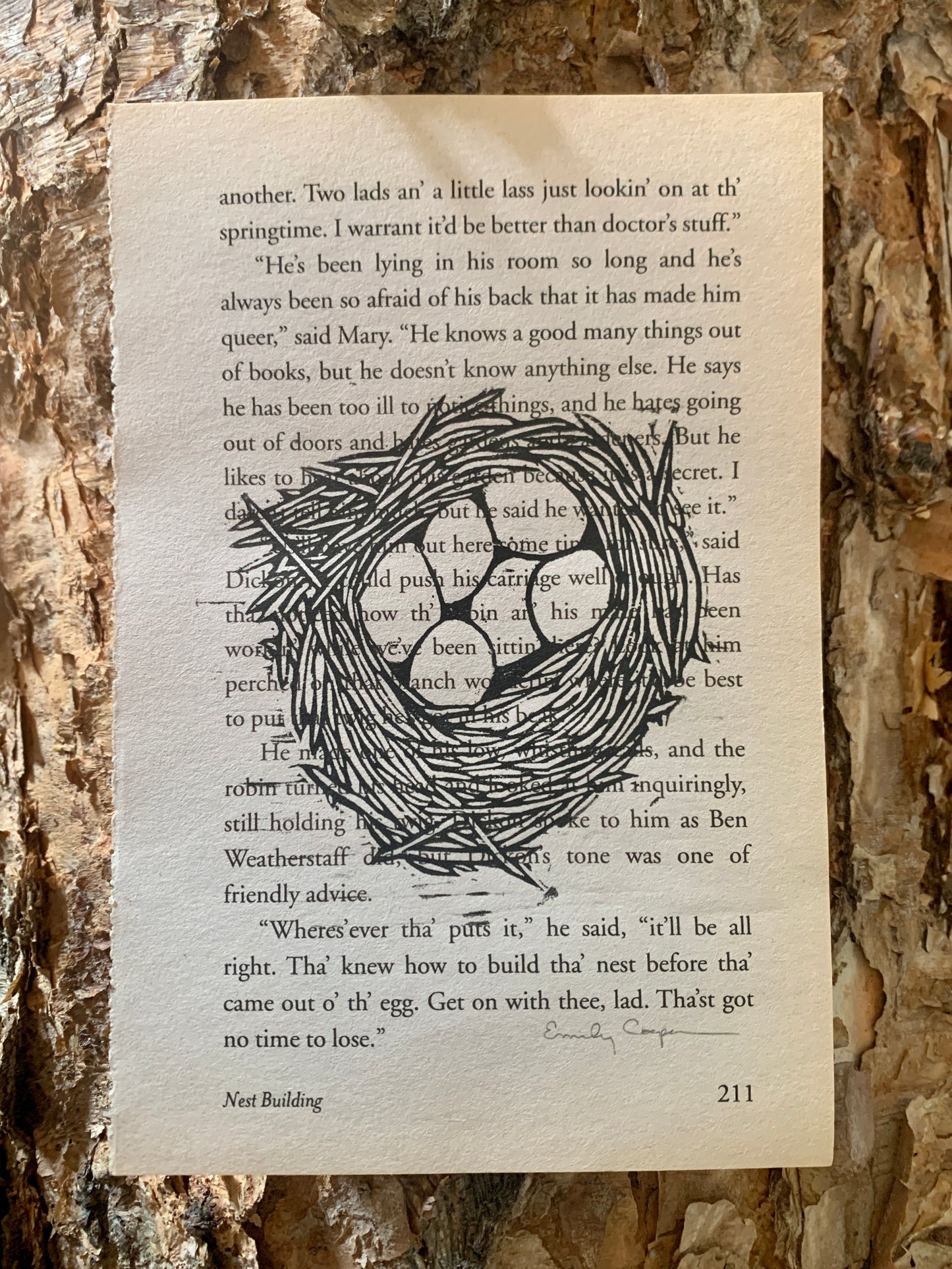 'Bird's Nest' Original Woodblock Print on Book Page