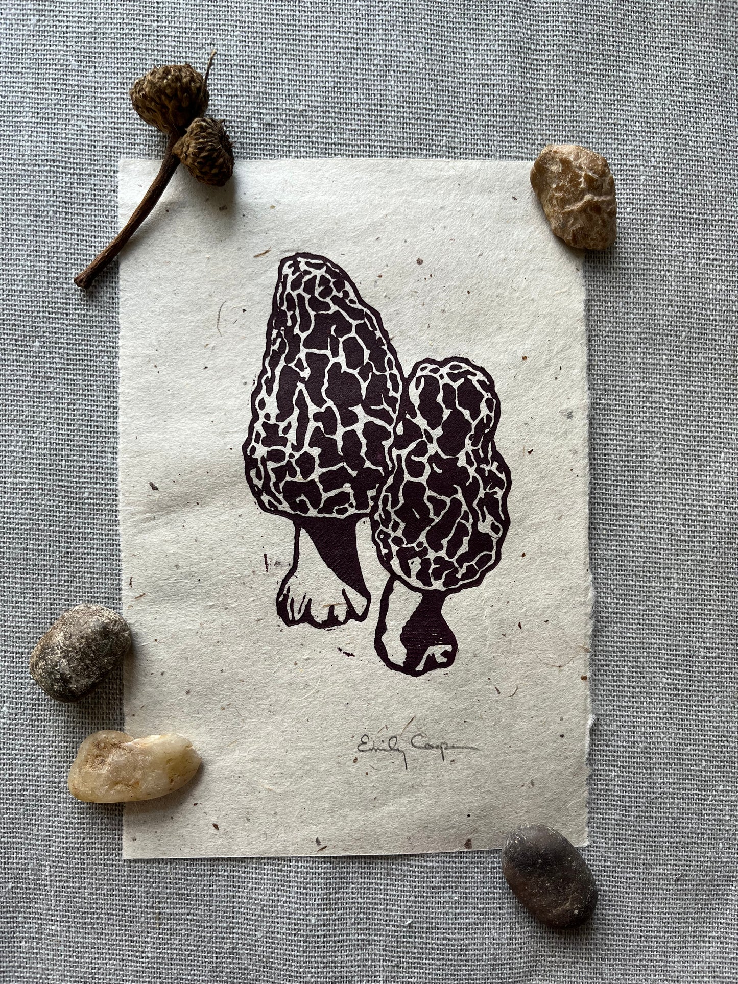 Morel Mushroom Linoleum Block Print