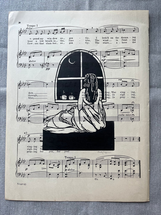 'Abditory' Linoleum Block Print on Vintage Music Sheets